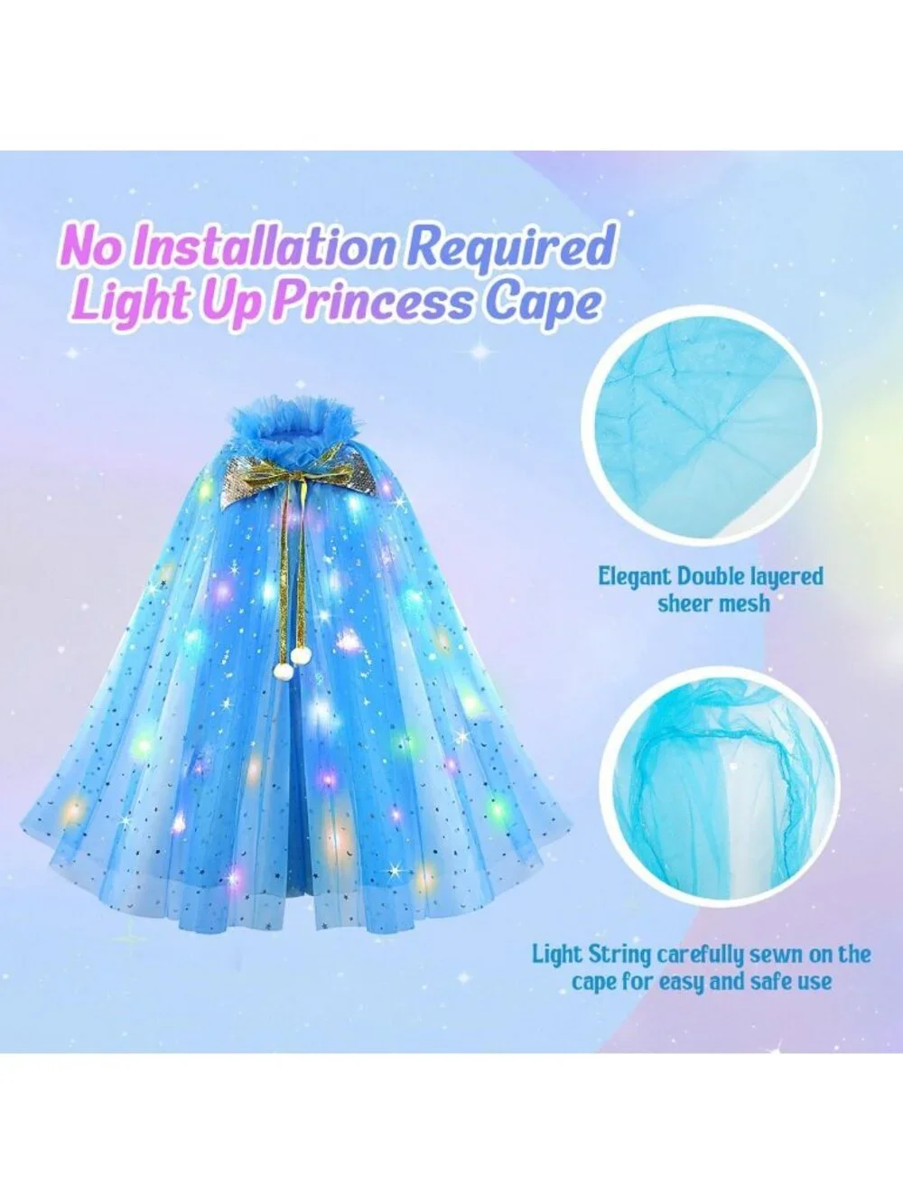 Princess Dress Up Cape with Crown & Tutu Costume Set for Girls Ages 3-8-Sky Blue